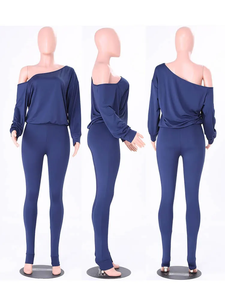 2 Pieces Solid Color One Shoulder Tops Pants Sets