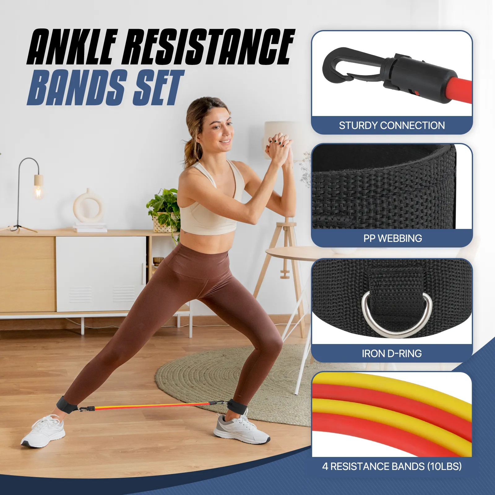 Ankle Resistance Bands w/Cuffs - Ankle Strap*2, 10 LB Resistance Band*4