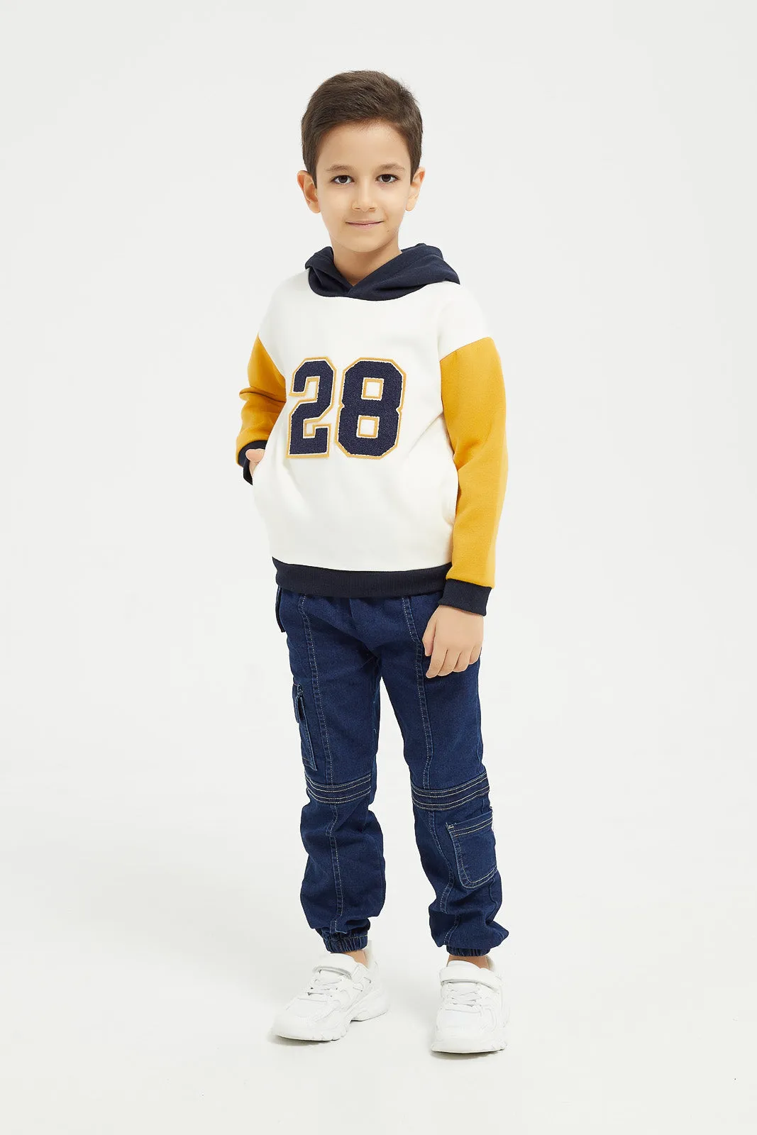 Boys White 28 Embroidery Hooded Sweatshirt