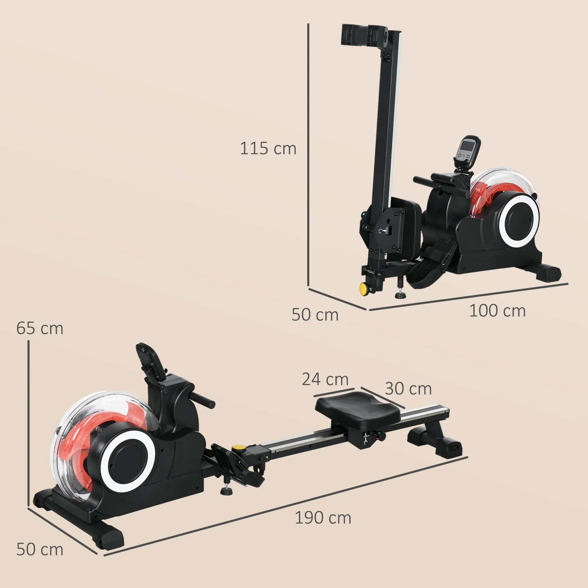 Foldable Water Rowing Machine with Wheels and LCD Monitor, Black