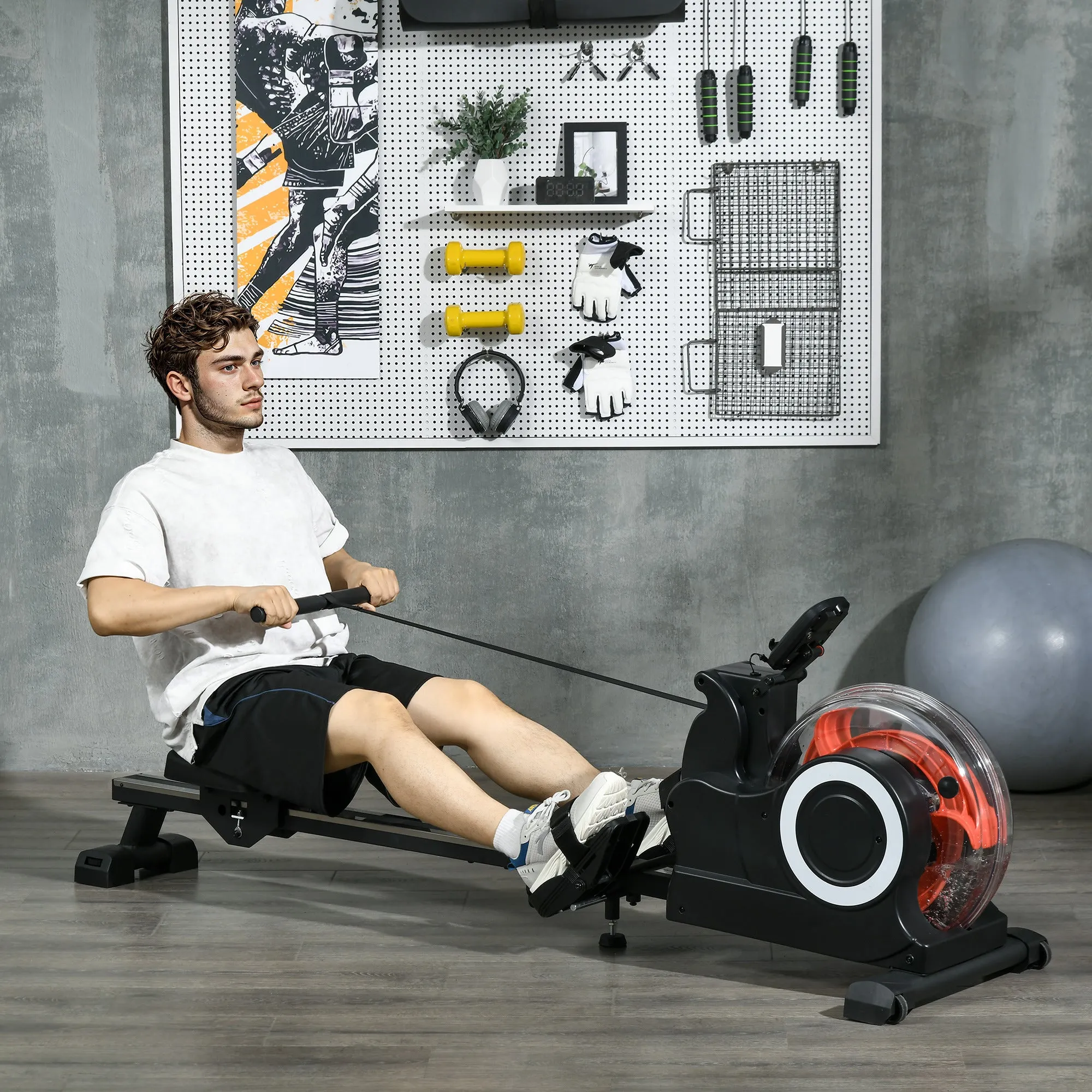 Foldable Water Rowing Machine with Wheels and LCD Monitor, Black