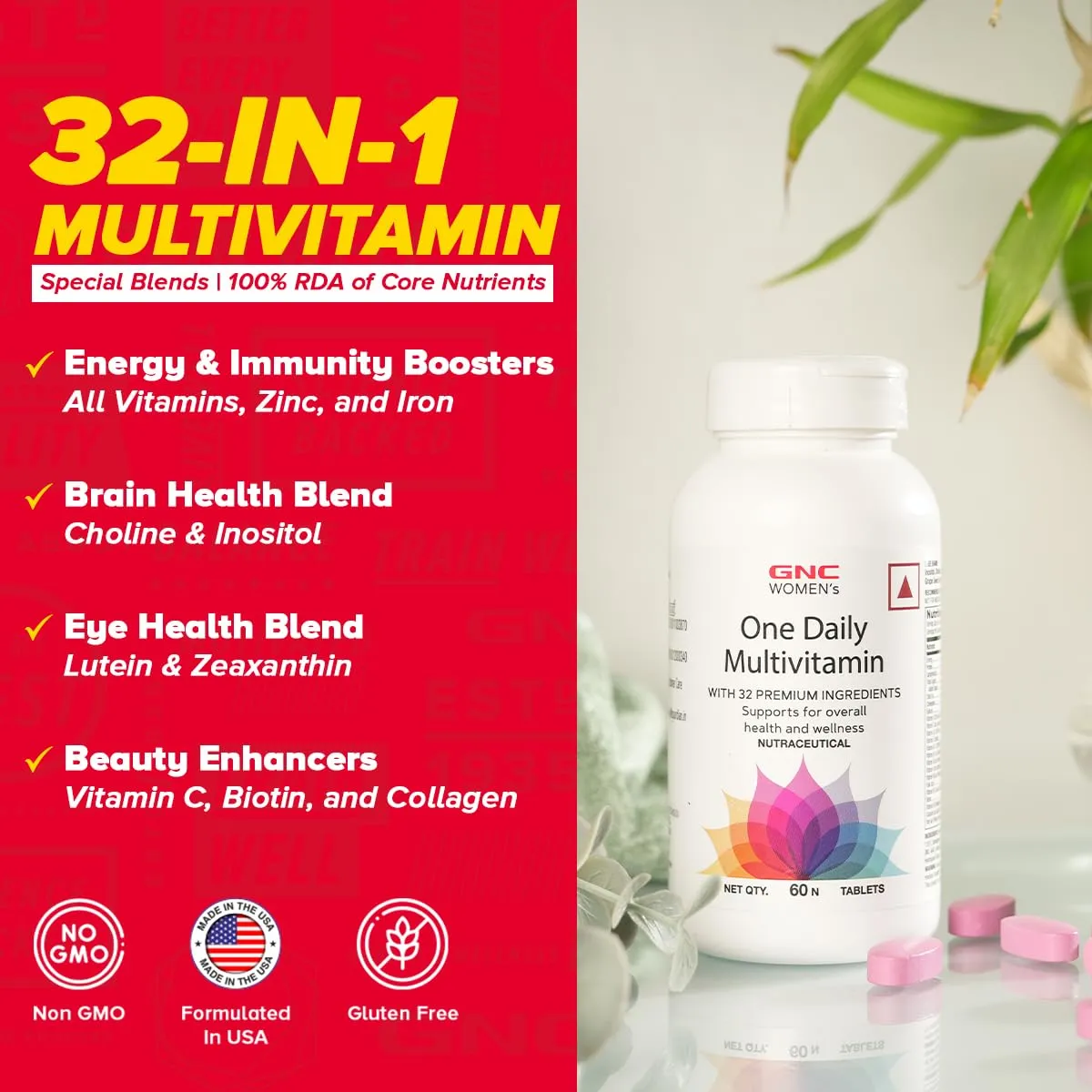 GNC Women's One Daily Multivitamin | 60 Tablets | 32 Rich Ingredients with Vitamin C & More | Enhances Immunity | Boosts Energy Levels | Supports Memory | Protects Vision | Formulated In USA