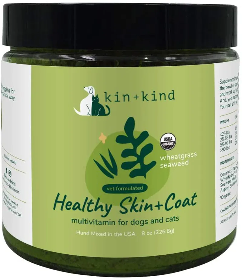 kin kind Organic Multivitamin for Dogs and Cats - Pet Supplement for Immune Support, Healthy Skin and Coat - Safe, Natural Formula with Wheatgrass, Kelp, Flax Seed, Seaweed and Coconut - Made in USA