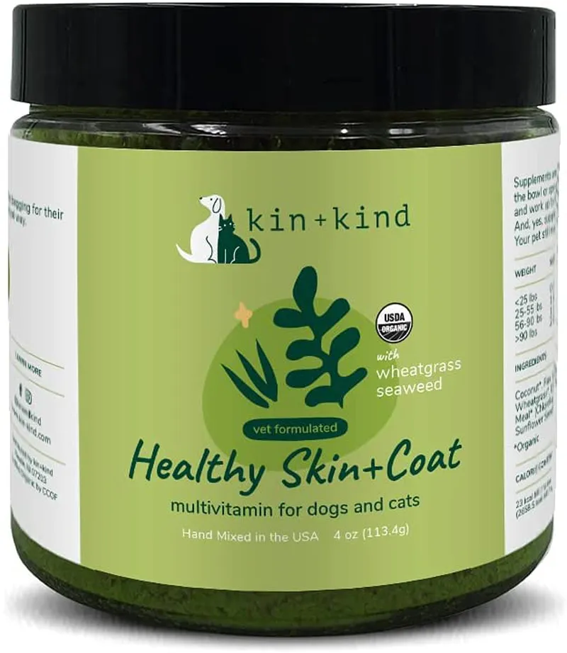 kin kind Organic Multivitamin for Dogs and Cats - Pet Supplement for Immune Support, Healthy Skin and Coat - Safe, Natural Formula with Wheatgrass, Kelp, Flax Seed, Seaweed and Coconut - Made in USA