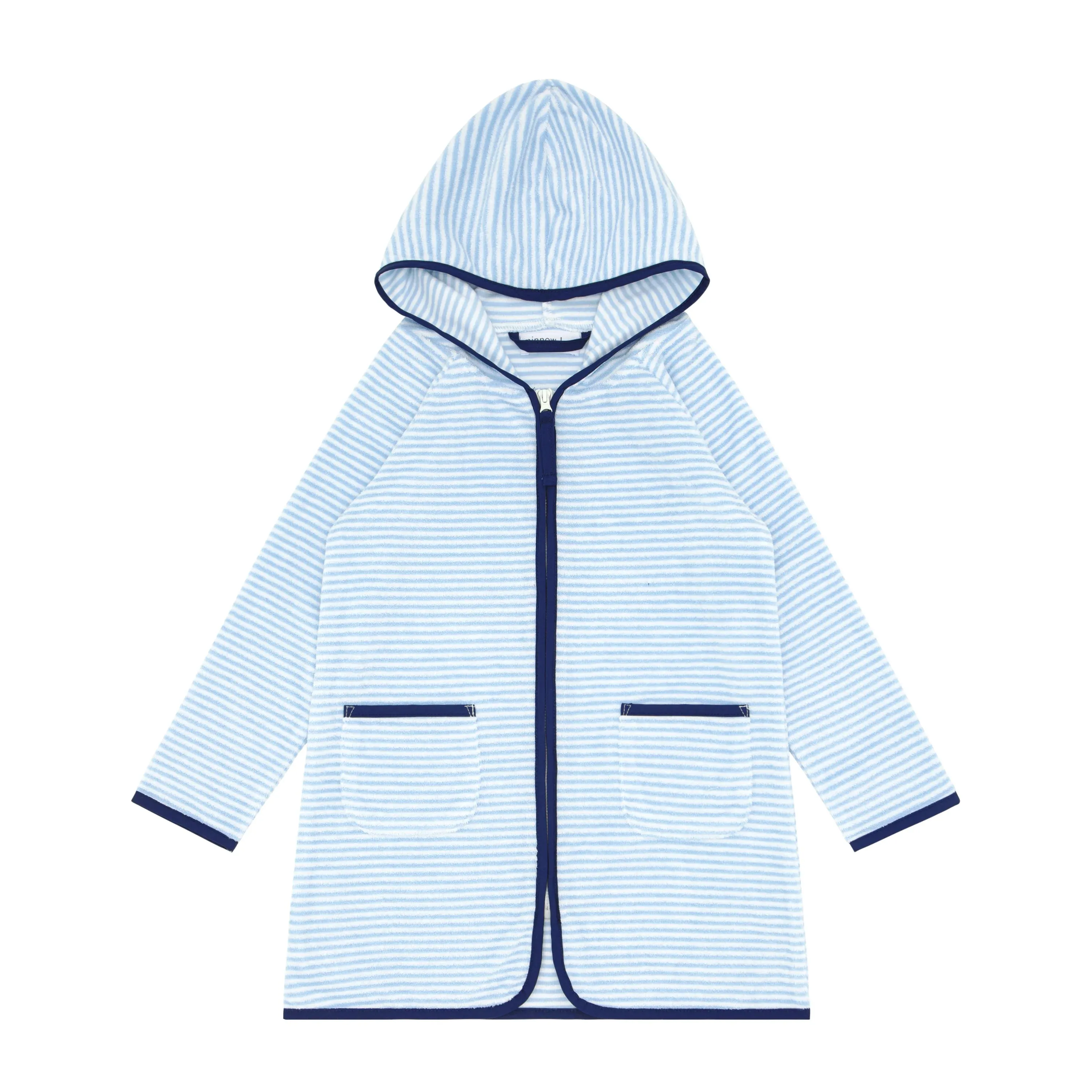 Powder Blue Stripe French Terry Hooded Zipper Coverup