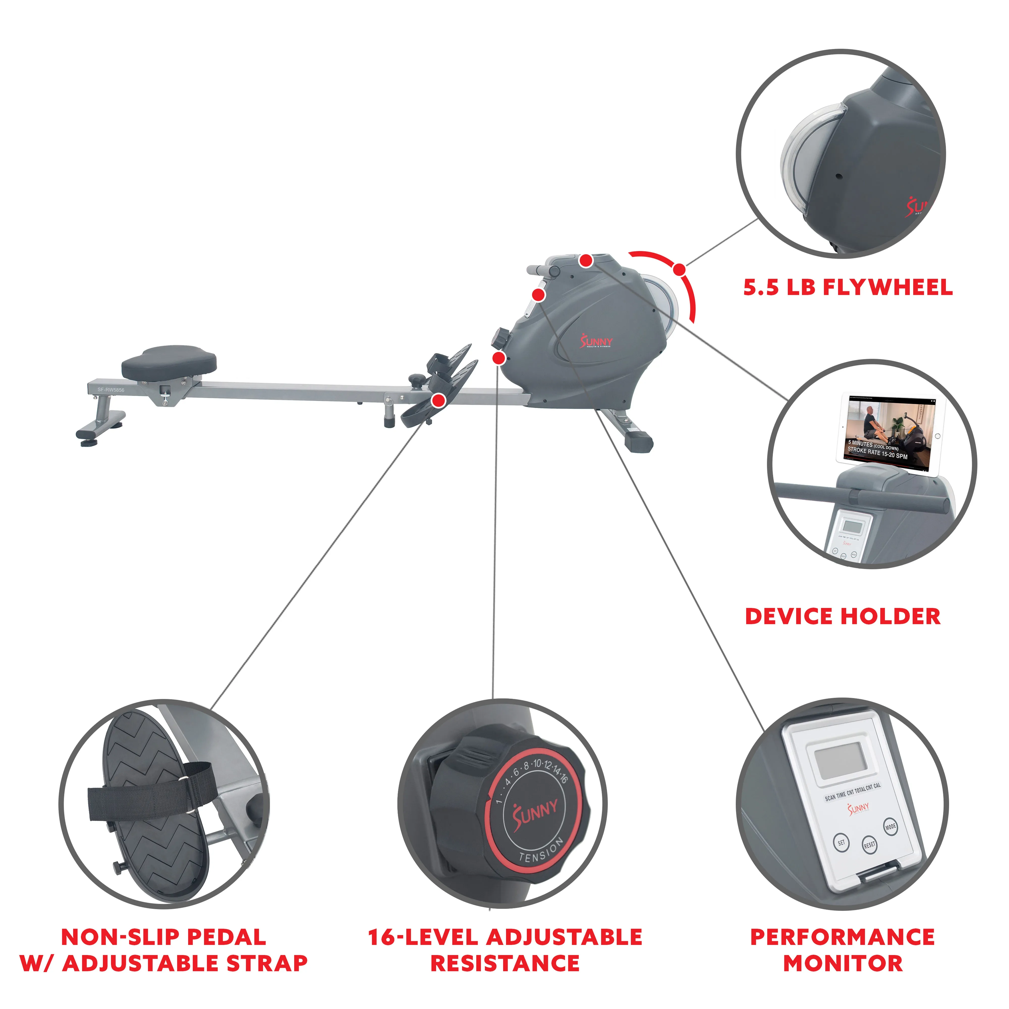 Rowing Machine Magnetic Rower, LCD Monitor w/ Device Holder