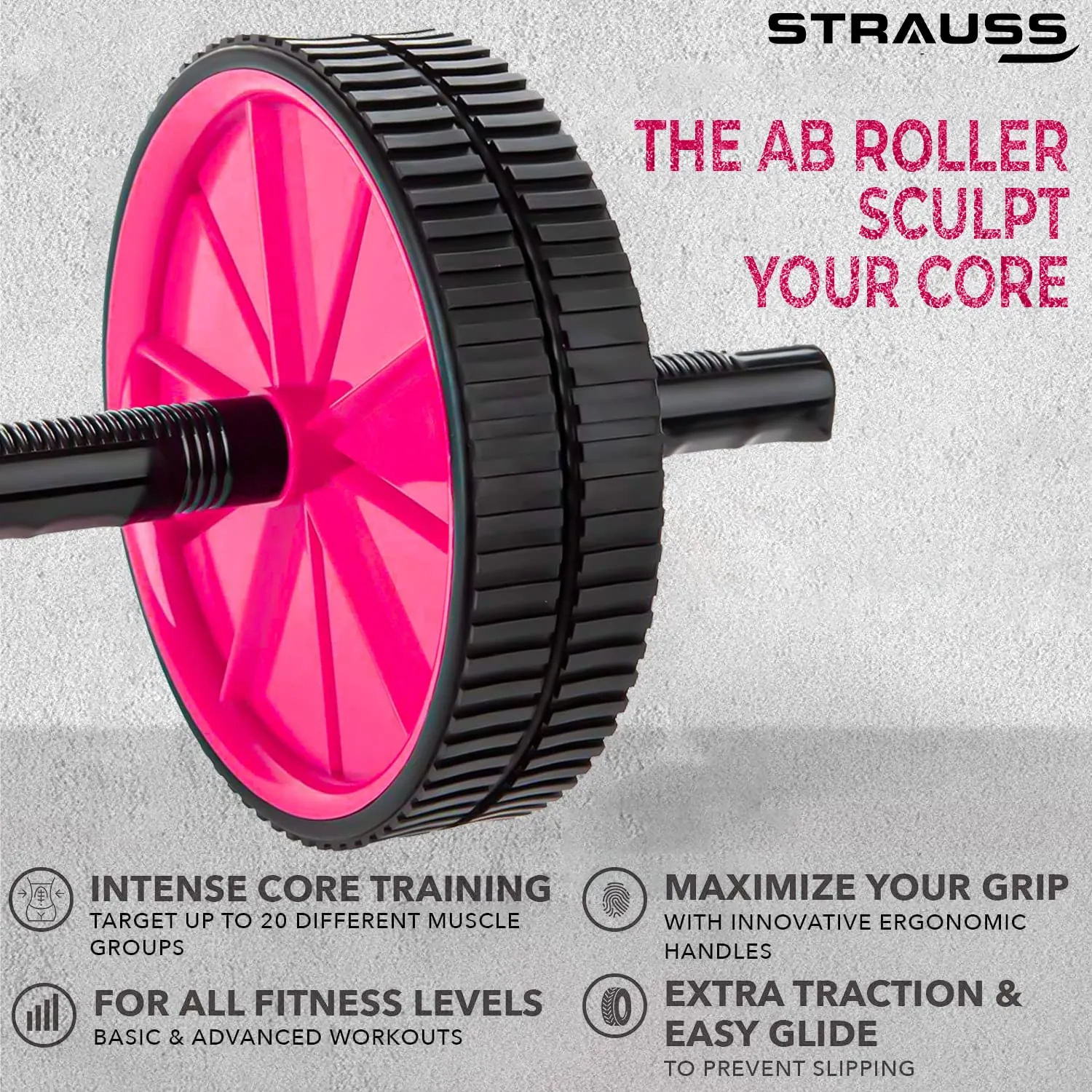 Strauss Double Wheel Ab & Exercise Roller | Anti-Skid Wheel Base, Non-Slip PVC Handles | Ideal for Home, Gym Workout for Abs, Tummy, (Pink)