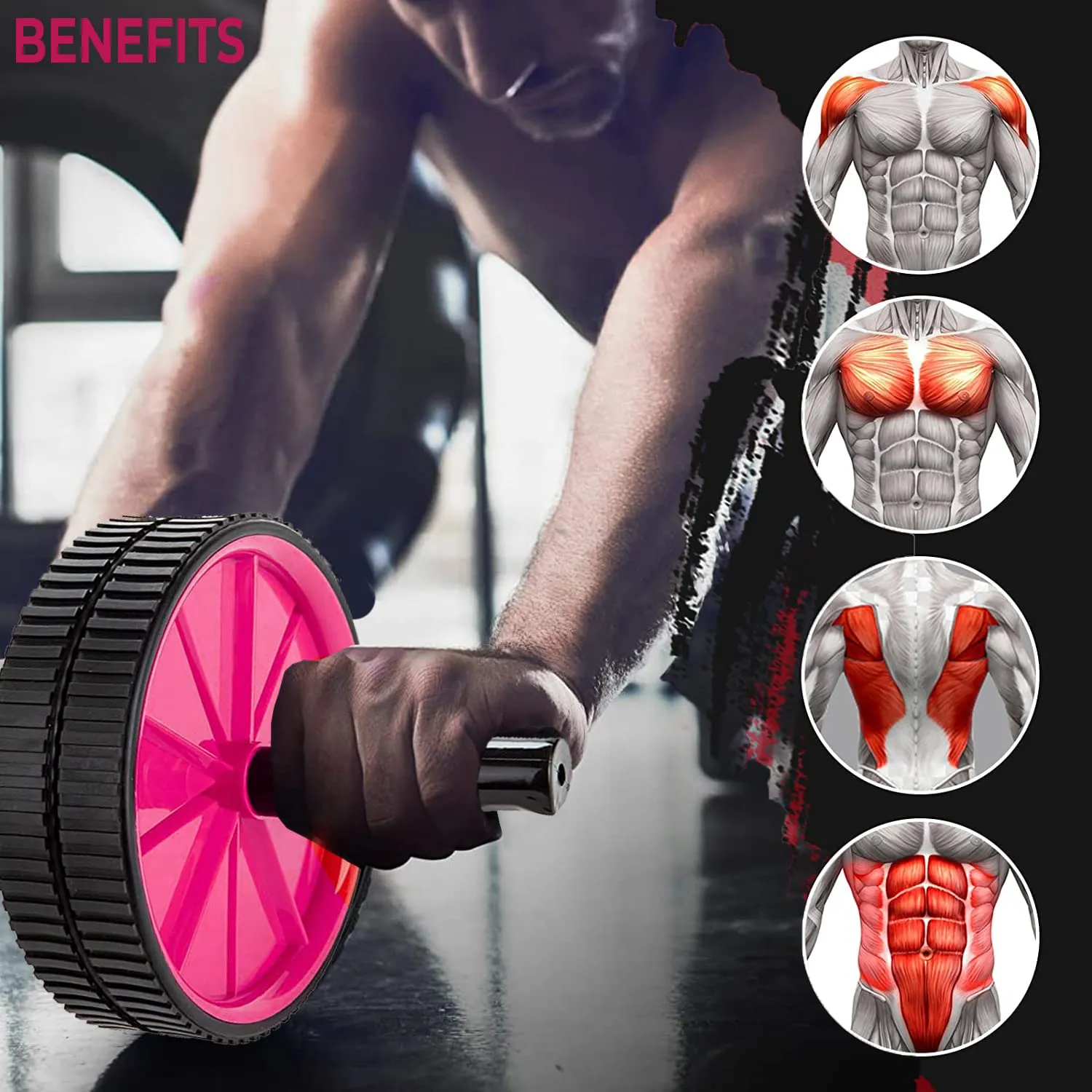 Strauss Double Wheel Ab & Exercise Roller | Anti-Skid Wheel Base, Non-Slip PVC Handles | Ideal for Home, Gym Workout for Abs, Tummy, (Pink)