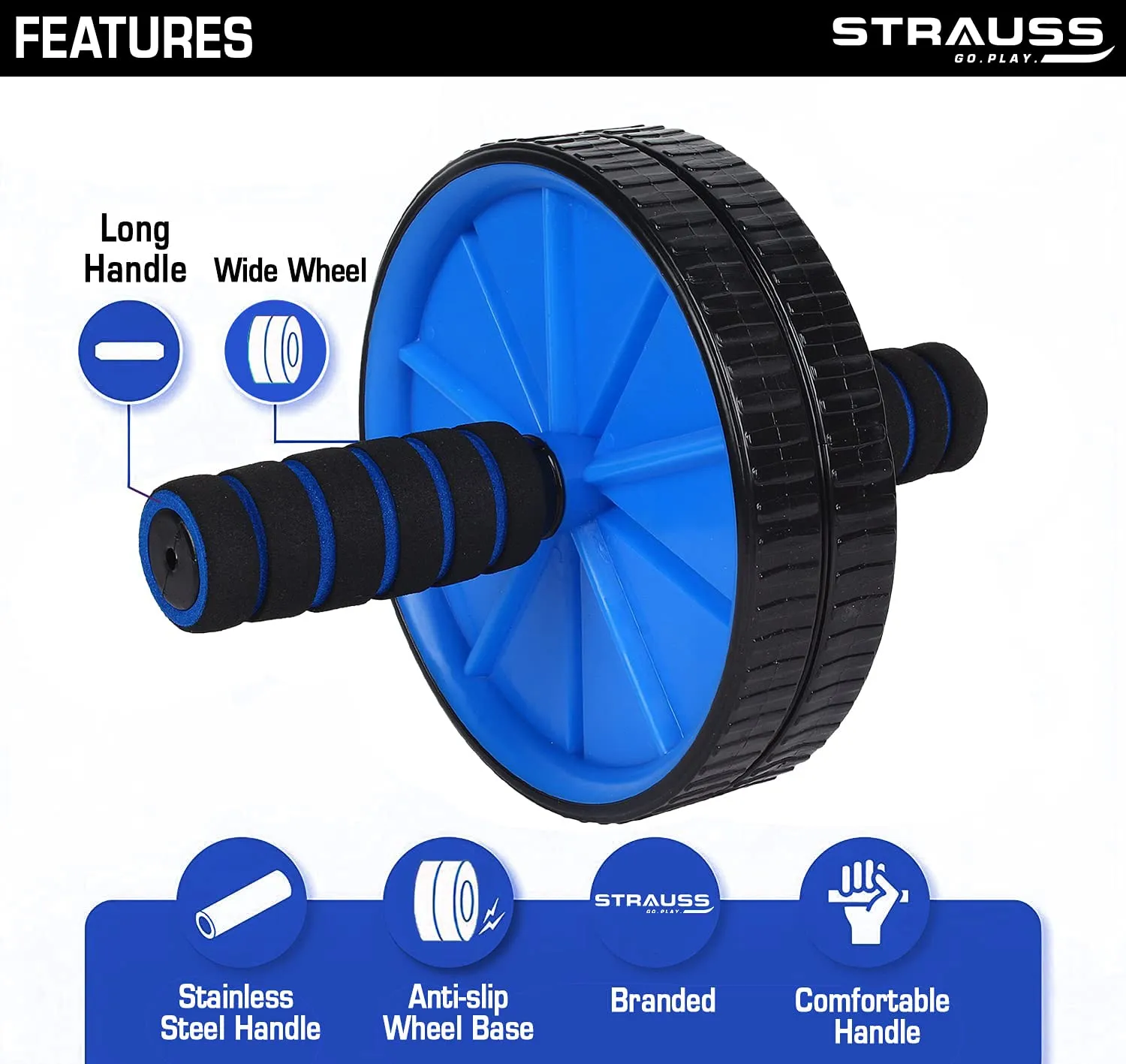 Strauss Double Wheel Ab & Exercise Roller | Anti-Skid Wheel Base, Non-Slip Stainless Steel Handles & Knee Mat | Ideal for Home, Gym workout for Abs, Tummy, (Blue)