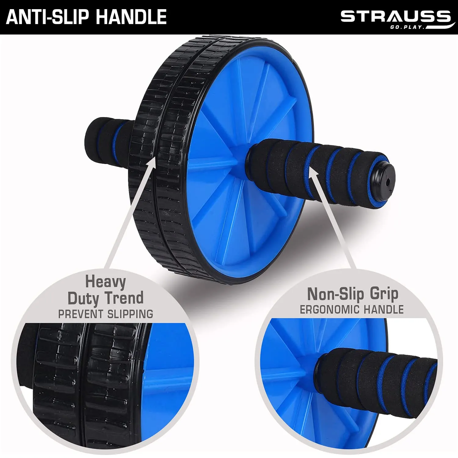 Strauss Double Wheel Ab & Exercise Roller | Anti-Skid Wheel Base, Non-Slip Stainless Steel Handles & Knee Mat | Ideal for Home, Gym workout for Abs, Tummy, (Blue)