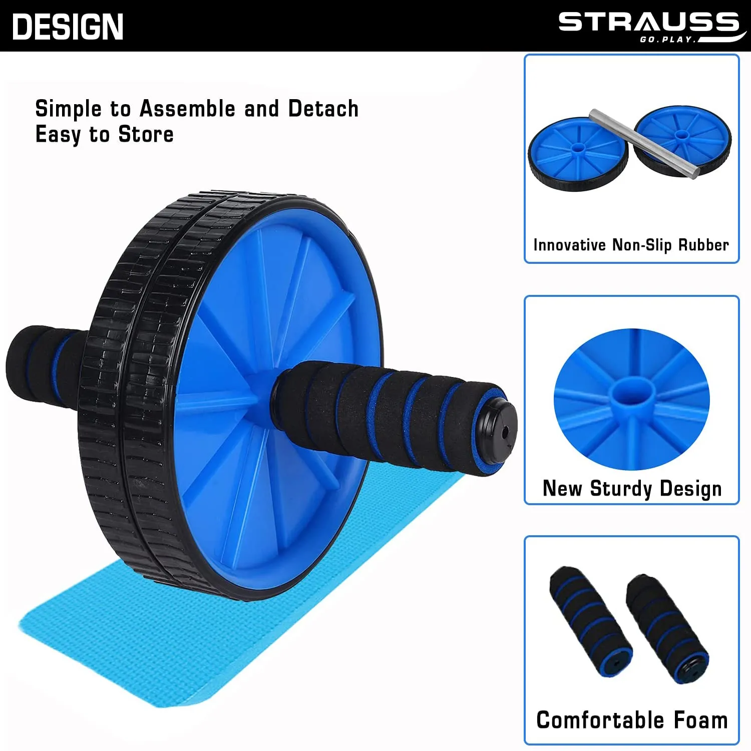 Strauss Double Wheel Ab & Exercise Roller | Anti-Skid Wheel Base, Non-Slip Stainless Steel Handles & Knee Mat | Ideal for Home, Gym workout for Abs, Tummy, (Blue)